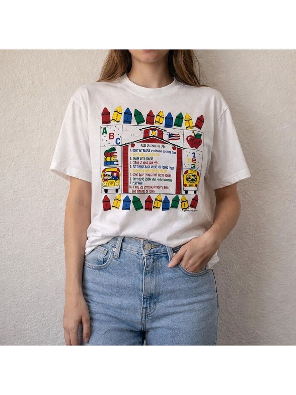 Vintage 90s teacher shirt kindergarten Prek rules crayons school bus abc 123